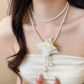 French Elegant Rose Flower Tassel Double Layer Faux Pearl Sweater Necklace Floral Pastoral Collarbone Chain view 1