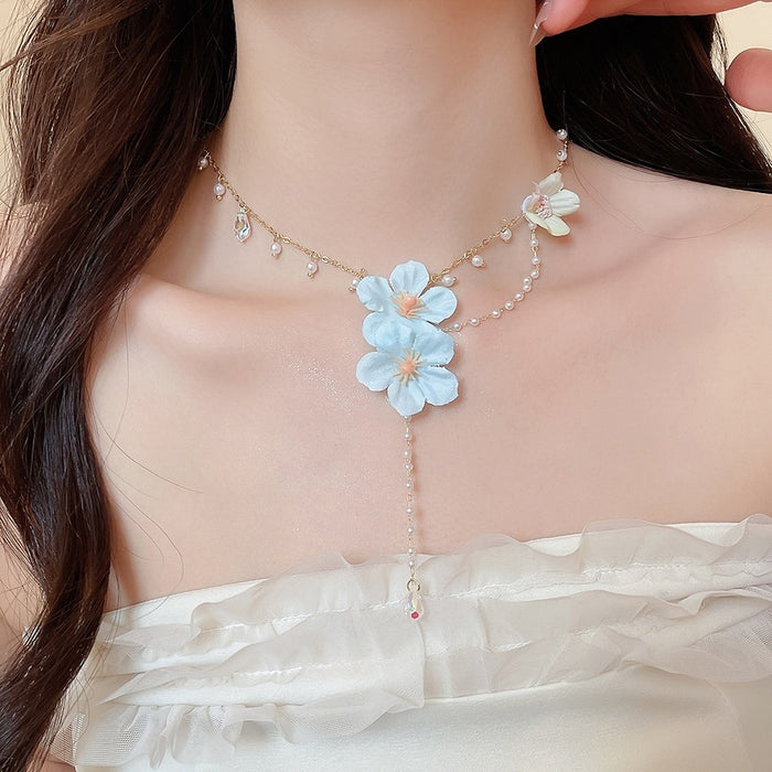 Summer Fairy Crystal Beaded Fabric Flower Faux Pearl Pastoral Choker Necklace