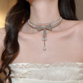 Sparkling Rhinestone Bow Tassel Faux Pearl Necklace Old Money Style Evening Choker For Women view 3