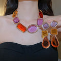 Vintage Style Resin Diamond Rectangle Waterdrop Pendant Necklace Stud Earrings Jewelry Set view 3