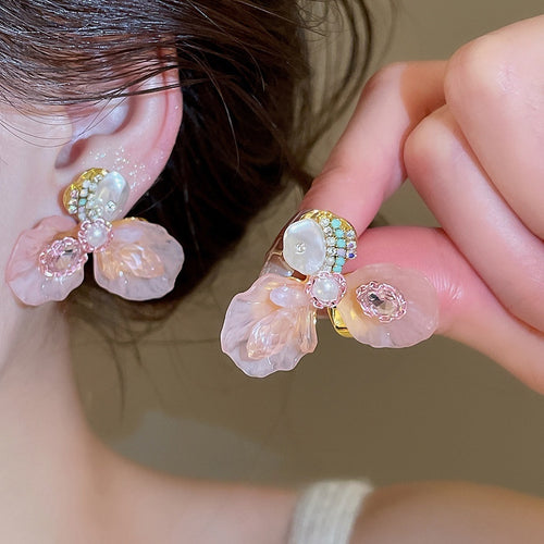 French Light Luxury Floral Crystal Rhinestone Resin Stud Earrings For Women Elegant Fairy Style
