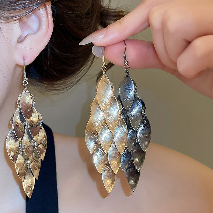 Light Luxury Vintage Iron Leaf Tassel Drop Earrings, European Style Metal Ear Hook Jewelry