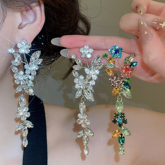 Monet Garden Rhinestone Flower Tassel Drop Earrings With Silver Posts, Copper Luxury Elegant Style