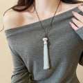 Old Money Style Glass Crystal Tassel Sweater Necklace With Leather Cord Geometric Pendant view 3