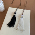 Old Money Style Glass Crystal Tassel Sweater Necklace With Leather Cord Geometric Pendant view 4
