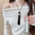 Old Money Style Glass Crystal Tassel Sweater Necklace With Leather Cord Geometric Pendant view 1