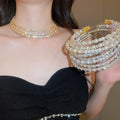Old Money Rhinestone Triple Layer Pearl Necklace Bracelet Stud Earrings Jewelry Set In Iron view 1