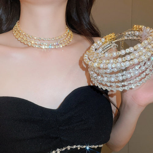 Old Money Rhinestone Triple Layer Pearl Necklace Bracelet Stud Earrings Jewelry Set In Iron
