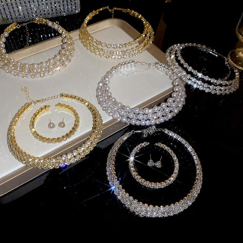 Old Money Rhinestone Triple Layer Pearl Necklace Bracelet Stud Earrings Jewelry Set In Iron