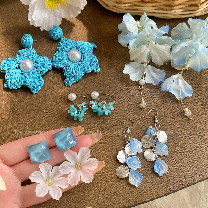 2026 Blue Floral Bow Tassel Copper Drop Earrings Summer Vacation Style Stud Earrings For Women