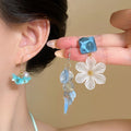 2026 Blue Floral Bow Tassel Copper Drop Earrings Summer Vacation Style Stud Earrings For Women view 2