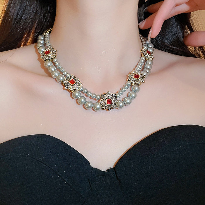 French Vintage Rhinestone Double Layer Faux Pearl Floral Choker Necklace Old Money Style