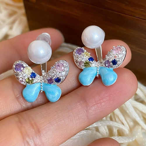 Light Luxury Copper Butterfly Zircon Pearl Stud Earrings For Women Floral Versatile Jewelry
