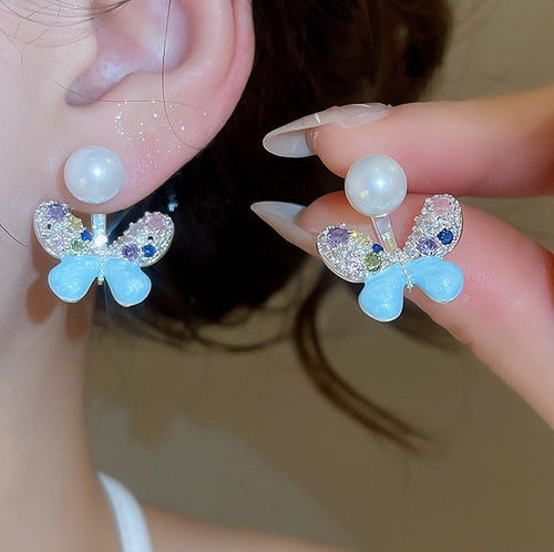 Light Luxury Copper Butterfly Zircon Pearl Stud Earrings For Women Floral Versatile Jewelry