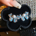 2026 Trendy Blue Butterfly Pearl Copper Stud Earrings For Women Elegant Spring Summer Jewelry view 2