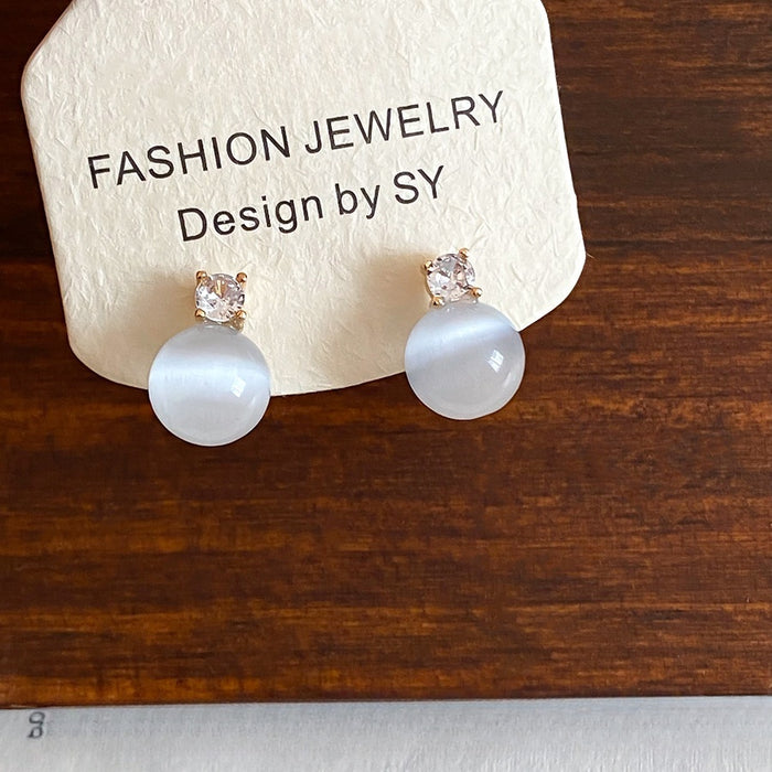 Round Cat's Eye Stone Stud Earrings With Silver Pins, Minimalist Modern Light Luxury Jewelry