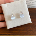 Round Cat's Eye Stone Stud Earrings With Silver Pins, Minimalist Modern Light Luxury Jewelry view 3