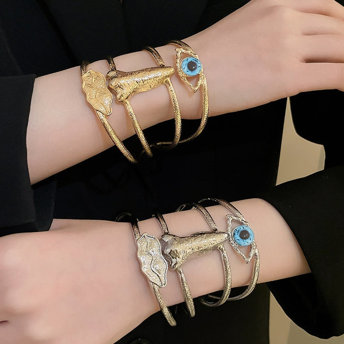 European Retro Evil Eye Multi-Layer Hollow Open Bangle, Light Luxury Alloy Statement Bracelet For Women