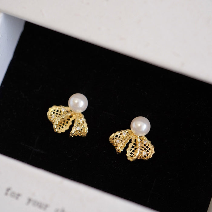 Playful 18K Gold Plated Copper Bow Stud Earrings With Zircon Pearl And Silver Pins