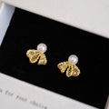 Playful 18K Gold Plated Copper Bow Stud Earrings With Zircon Pearl And Silver Pins view 3