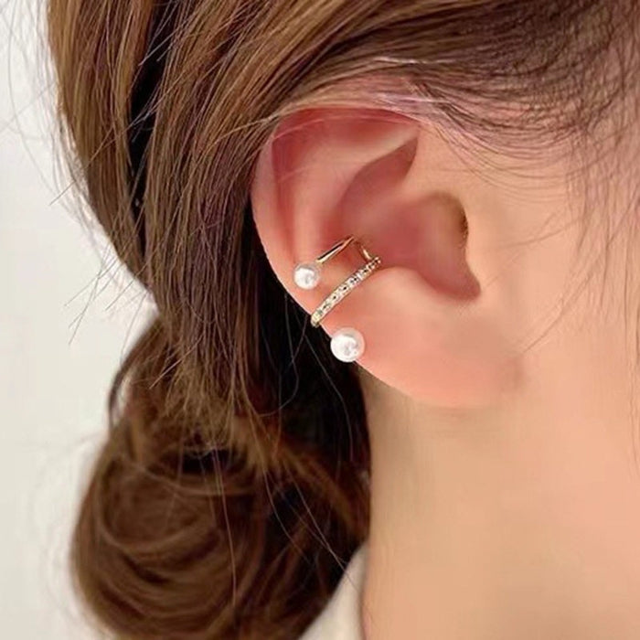 Sparkling Zircon Round Hollow Faux Pearl Clip-on Earrings Minimalist Geometric Ear Cuffs