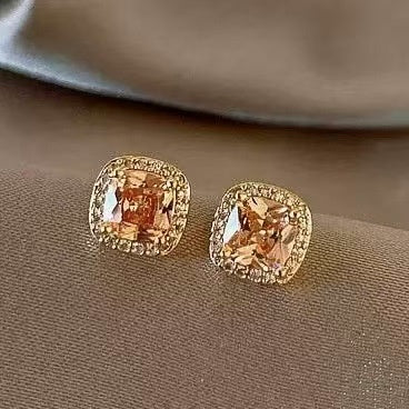 18K Gold Plated Copper Square Zircon Stud Earrings With Silver Posts For Women