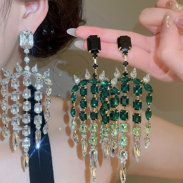 Light Luxury Copper Square Rhinestone Tassel Drop Earrings With Silver Posts