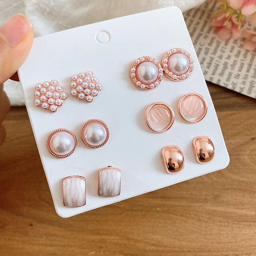 2026 New Light Luxury Faux Pearl Geometric Round Stud Earrings Jewelry Set For Women