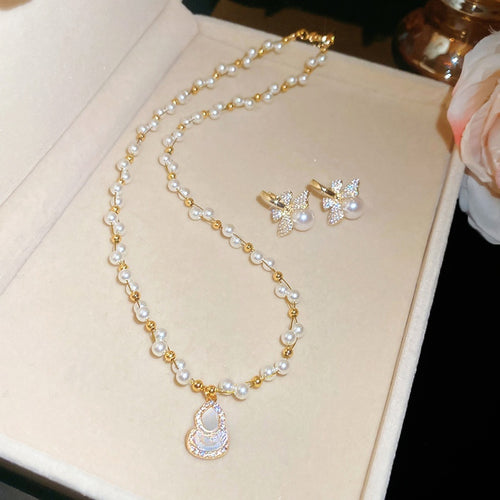 French Vintage Silver Needle Zircon Bow Faux Pearl Earrings And Necklace Jewelry Set, Old Money Style, 2026 New Arrival