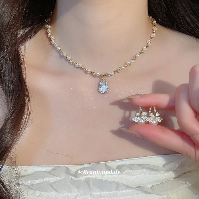 French Vintage Silver Needle Zircon Bow Faux Pearl Earrings And Necklace Jewelry Set, Old Money Style, 2026 New Arrival