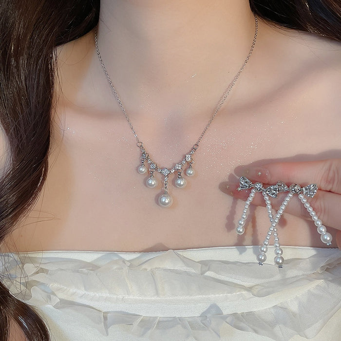 French Vintage Zircon Round Faux Pearl Necklace Earrings Jewelry Set Light Luxury For Women