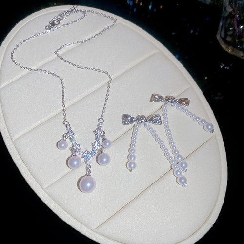 French Vintage Zircon Round Faux Pearl Necklace Earrings Jewelry Set Light Luxury For Women