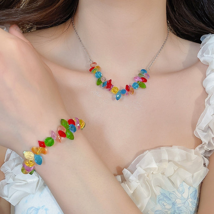 Dopamine Rainbow Faux Crystal Beaded Necklace Bracelet Jewelry Set Sweet Vacation Style