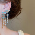 Light Luxury Copper Zircon Flower Tassel Drop Earrings With Silver Pins For Women view 3