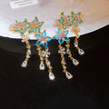 Light Luxury Copper Zircon Flower Tassel Drop Earrings With Silver Pins For Women view 2