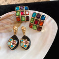 Monet Garden Vintage Alloy Square Enamel Flower Pearl Earrings Artistic Floral Jewelry view 1
