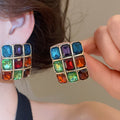 Monet Garden Vintage Alloy Square Enamel Flower Pearl Earrings Artistic Floral Jewelry view 4