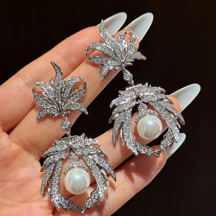 Luxury Vintage Copper Leaf Flower Zircon Tassel Drop Earrings For Women