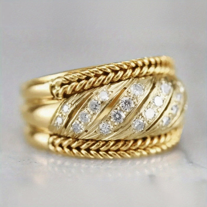 Old Money Style Hollow Metal Zircon Ring With Twisted Rope Edge, Wax Set Statement Jewelry