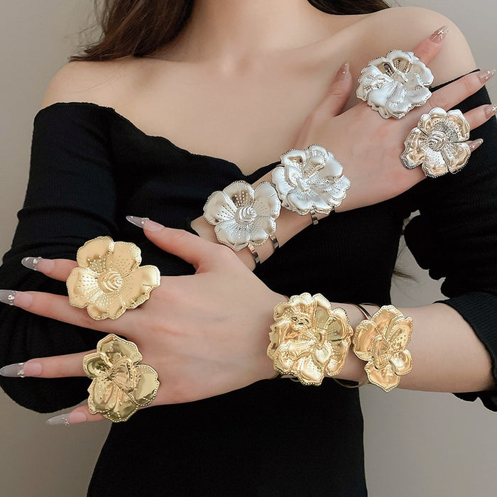 European American Style Vintage Flower Iron Open Bracelet And Ring Jewelry Set For Women