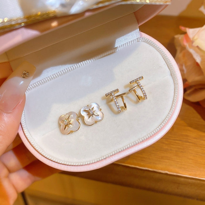 Copper T Letter Zircon Flower Stud Earrings Light Luxury Sweet Elegant Chic Jewelry for Women