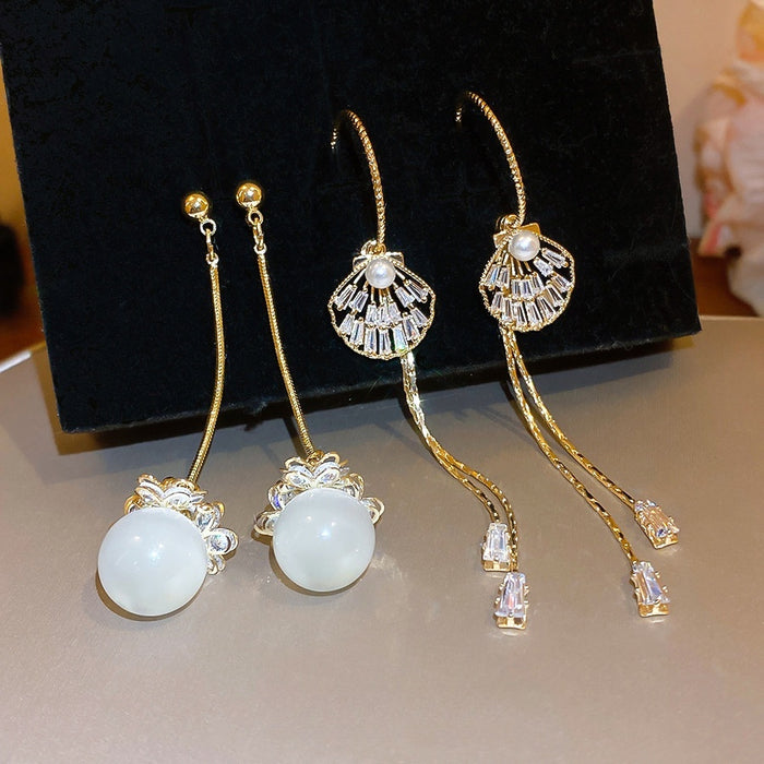 Light Luxury Chinese Style Geometric Round Cat Eye Stone Zircon Shell Stud Earrings For Women