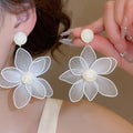 French Sweet Mesh Flower Stud Earrings With Silver Posts, Bohemian Resort Raffia Floral Design view 3