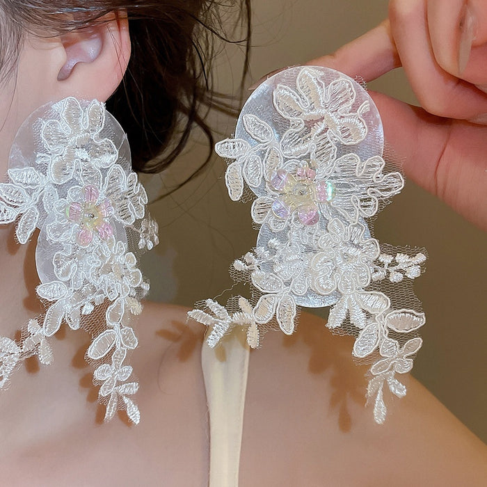 French Lace Flower Tassel Drop Earrings Sweet Fairy Floral Stud Style For Girls