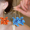 Vintage Iron Enamel Flower Pendant Drop Earrings With Silver Pins, Artistic Statement Floral Design view 1