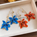 Vintage Iron Enamel Flower Pendant Drop Earrings With Silver Pins, Artistic Statement Floral Design view 4