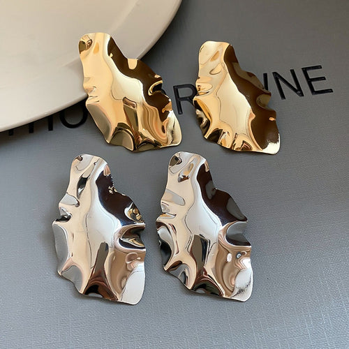 Vintage Irregular Crumpled Iron Metal Stud Earrings With Silver Pins For Women