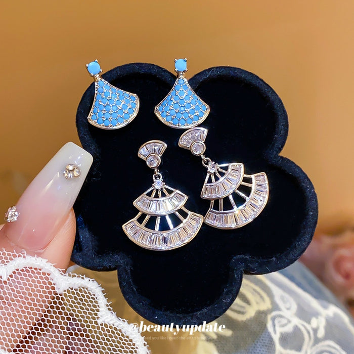 Korean Style Copper Zircon Fan Shaped Stud Earrings With Silver Posts Geometric Elegant Jewelry