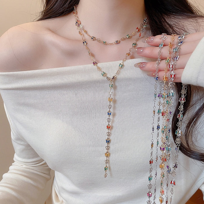 Glass Crystal Butterfly Y Necklace Light Luxury Sweet Vacation Style Collarbone Chain