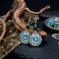 Vintage Ethnic Mandala Dreamcatcher Alloy Round Pendant Green Crystal Bead Long Dangle Earrings view 1